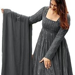 Embroidered Georgette Anarkali Gown with Lace Dupatta – Black & Grey-picture-47