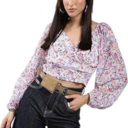 White Floral Long Sleeve Wrap Top-image-1