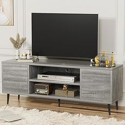 YESHOMY Modern TV Stand for 65" Television, Entertainment Center with Two Storage Cabinets, Retro Style Media Console for Living Room, Bedroom, Office, 58 Inch, Light Gray-image-22