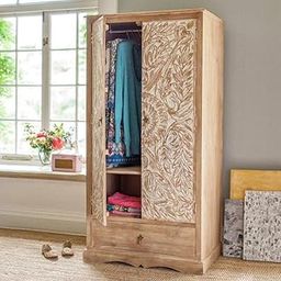 TGF Furniture Store Carved Wooden Wardrobe with Single Door, Floral Design, Storage Drawer, Natural Wood Finish-image-50