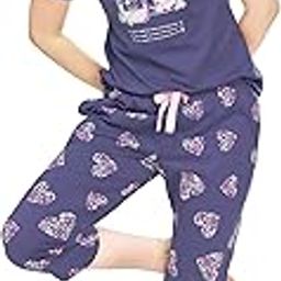 Night Suit for Women's Heart Printed Cotton Night Dress of Top and Capri Set 5747-image-3