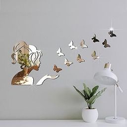 VAH- Kya Bat Hai !! Girl with Butterfly Silver Mirror Stickers for Wall Acrylic Wall 3D Stickers Wall Stickers for Room Hall Home and Office (Set of 13 Pieces)-image-1