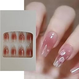 S.A.V.I 24 Pcs Long Coffin Shape Press-On Nails - Nude & Pink Blush Tulip Print | DIY Artificial False Nails Set | Natural Look, Easy Application for Women & Girls | Durable & Reusable False Nails-4