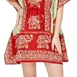 ukal Women's Polyester Elephant Printed Short Maxi Kaftan for Sleepwear/Nightwear/Beach Wear - Red (Free Size)-picture-36