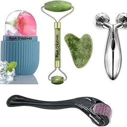 RYUK CREATIVES Face Massager Set - Gua Sha Jade, Ice Roller, 3D Massager & Manual Derma Roller Versatile for Skin, Eyes & Body Reduce Puffiness !-image-5