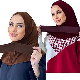 2Pcs Women Instant Muslim Turban Hijab with Snaps Headscarf Bonnet Inner Cap Underscarf Neck Head Shawls Prayer Scarf(Burgundy+Brown)-image-74