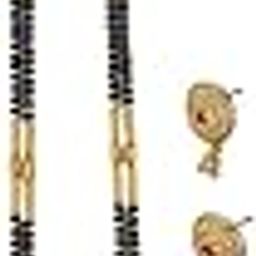 Maharashtrian Traditional Gold Plated Micro Polish Black Beads, Golden Pipe Design Sar 34 Inch Long Mangalsutra and Earrings Set for Women-22