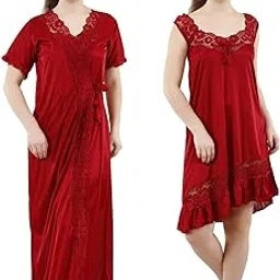 romaisa Women's Satin Solid Maxi Length Nighty with Robe (Size - Free Size) (Nightwear Set Pack of 2)-picture-7