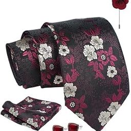 Wine Floral Tie For Men – Formal Ties Set With Pocket Square & Tie Pin Clip For Mens, Silk Neckties Gift Sets For Men’s (AX24_52)-image-2