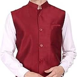 Men's Indian Dupion Silk Sleeve Less Festive Nehru Jacket Waistcoat-image-40