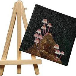 BHAGATH ART STUDIO Mini Canvas Art with Wooden Easel Stand, Pink Mushroom Painting, 10 cm × 10 cm, Fine Art-image-52