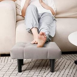 Woodilla Small Footstool Ottoman, Velvet Wooden Foot Stool Ottoman with Wood Legs, Sofa Footrest Extra Seating for Living Room Entryway Office, Bedroom, Kitchen, Dining Room, Office, Bathroom (Grey)-image-3