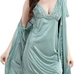 Women's Satin Nightgown and Robe Set, Sage Green, Lace Trim Detail, Plus Size-image-19