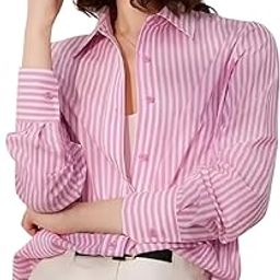 Classic Striped Button-Down Shirt, Long Sleeve Collared Blouse, Available in Pink and Blue-image-25