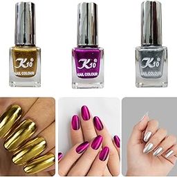 K10 Nail Polish| Metallic Finish Nail Paint|Quick Drying| Non UV Polish - Gel Finish |Chip Resistant Long-Lasting Multicolor | Gold| Dark-pink And Silver| Set of 3| (12ml each)-image-72