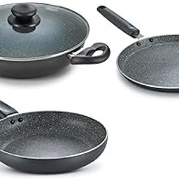 Prestige Omega Deluxe Granite Alpha 3Piece BYK Non-Stick Cookware Set| Kadai 24cm with Glass Lid, Omni Tawa 28cm & Fry Pan 24cm| Gas & Induction Compatible| 5 Layer Non-Stick Coating|Black-image-10