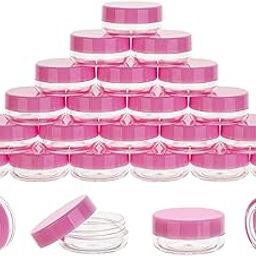 25 Count 3 Gram Sample Containers, Clear Lip Balm Containers with Lids, Small Plastic Sample Jars with 2 Mini Spoons, 25pcs Labels (Pink Lid)-46