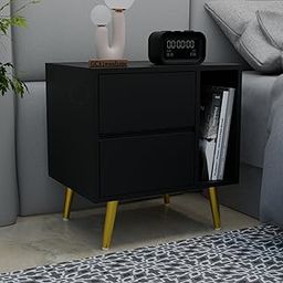 GCA1 WOODZONE Wooden Bedside Table for Bedroom | Wooden Bed Side Nightstand Lamp Table with 2 Drawers & Open Shelf Storage for Home & Hotels | HDMR Premium Wood & Iron Legs, Black-image-73