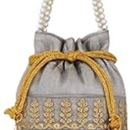 Elegant Grey Silk Potli Bag with Golden Embroidery & Pearl Handle – Traditional Ethnic Pouch for Women & Girls-1
