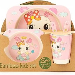 EZ Life 5 Piece Kids Meal Set - Bubbly Bunny - Eco Friendly Bamboo Fibre - Plate - Bowl - Spoon - Fork and Cup - Baby Pink Crockery Dinner Set, Dinnerware, Home Kitchen, Kids Dinner Plate, Serveware-image-52