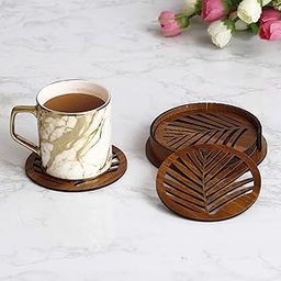 Capio Art Leaf Design Wooden Tea Coasters Set for Cups | Dining Table Coasters with Holder for Home, Kitchen, Office | Gift Set for Housewarming | Coffee Mug Bar Glass Beer Cans Coasters | Set of 6-image-65