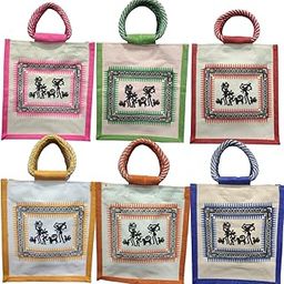 Maru Worli multicolor Jute bags with zip,Return Gifts Jute bag for office,wedding,baby shower,birthdays - 10 * 11 * 4.5 Inch (Pack of 24 pcs)-24