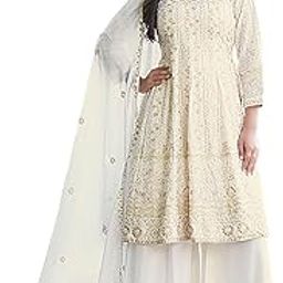 Women's Off White Chinon Stitched Top with Bottom and Dupatta 3/4 Sleeve Embroidered Kurta Palazzo Set (MER-1283)-image-49