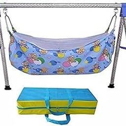 A to Z Hub Baby Cradle N Swing Jhula with Indian Style Cotton Cloth Having Mosquito Net for New Born Baby,Blue-1