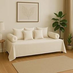 100% Cotton 6 Pieces 400 TC Diwan Set - Single bedsheet, 5 Cushions Covers and 2 Bolster Covers ( Diwan Sheet-60 X 90 Inches, Cushion Cover-16 X 16 Inches, Bolster Cover-16 X 32 Inches)-Ivory Solid-image-74
