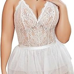 Plus Size Lingerie Womens Lace Teddy Babydoll V Neck Chemise Nighty with Detachable Mesh Mini Skirt-picture-42