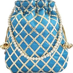 Women's Gota Patti Blue Potli Bag Purse with Pearl Handle-image-90