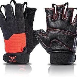 XTRIM Leather Gym Gloves for Men, in-Built Towel, Half-Finger Length with Pullers, Gloves for Professional Weightlifting, Fitness Training and Workout (Freesize, Black & Red)-image-16
