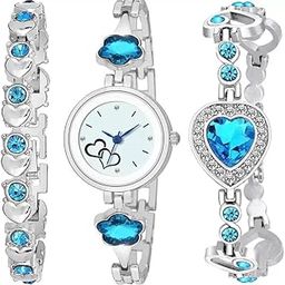 Analog Watch for Girls New Heart Designer Dial Blue SkyBlue Silver Light Pink Stone Watch Two Bracelets Combo-picture-12