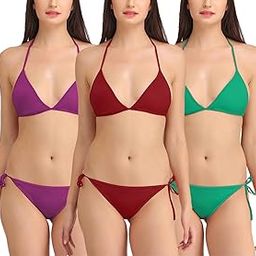 Women Satin Lycra Bikini Set Non-Padded Lingerie Set Pack of 3 Multicolor-image-90
