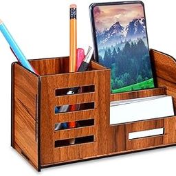 GLUN® Pen Stand With Visiting Card & Mobile Holder Multipurpose Wooden Stationery Desk Organizer Pen And Pencil Stand For Office Table With Business Card Holder Box And Mobile Stand Line, Brown-image-64