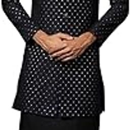Men's Navy Blue and Black Indo-Western Kurta Sherwani Churidar Set Cotton Full Sleaves, Knee Length, Straight, Regular Fit, Mandarin Collar Ethnic wear-image-1