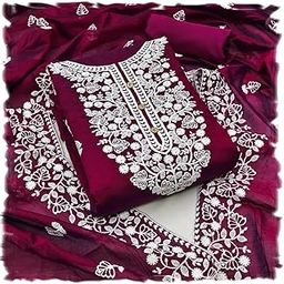 Women's Heavy Chanderi Embroidery Work Unstitched Salwar Suit Dress Material With Chanderi Work Dupatta (Free Size)-image-83