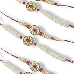 Traditional Pearl and Kundan Rakhi Set, Red and Gold, Pack of 6-3