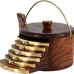 ApnaHast Handcrafted Wooden Coaster Set of 6 with Brass Handle, Kettle Coaster for Tea, Coffee, Drink hot/Cold, Kitchen/Dining Table/Office/Restaurant etc.-7
