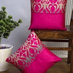 Brocade Embroidery Designer Soft Pillow/Cushion Covers (16 Inch X 16 Inch Or 40Cm X 40Cm) - Set of 2, Pink Color, 100 TC-image-1