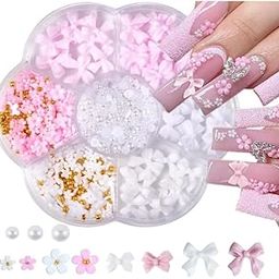 NPAH Nail Charms, Flower Bow Manicure Kit, Pink White 3D Cute Flower and Bow Nail Charms, 3D Acrylic Flowers Nail Gems with White Half Pearls Nail Art Decoration (Pink Bow Miler)-40