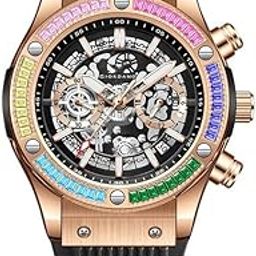 Multi-Function Watch for Men | Rainbow Crystal Bezel | Skeleton Dial | Black Sillicon Strap-image-35
