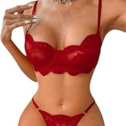 Floral Lace Lingerie Set Non Padded with Underwire Bra and Thong, 2-Piece-image-37