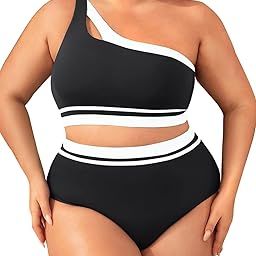 Women Plus Size High Waisted Bikini One Shoulder Two Piece Swimsuit Color Block Bathing Suits-picture-25