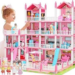 Pink Doll House for Girls, 4 Tier 15 Pieces Playhouse with 4 Dolls, Accessories and Flashing Lights, Princess Doll House, Gift for 3 4 5 6 7 and 8 Year Old Kids-image-59