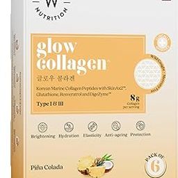 Wellbeing Nutrition Glow Korean Marine Collagen Skin Radiance Peptide 8g | Active Glutathione, Vitamin C, E, Resveratrol | Reduce Pigmentation, Dark Spots & Brighten Skin Tone | Pina Colada, Pack of 6-16