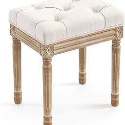 LUE BONA Upholstered Fabric Vanity Bench Seat, Makeup Stools for Vanity, Square Tufted Ottoman Bench with Carved Wood Color Legs for Bedroom Living Room, Beige-image-47