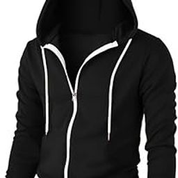 Mens Casual Solid Cotton Blend Relaxed Fit Hoodie T-Shirt with Drawstring - Full Zip Closure-image-36