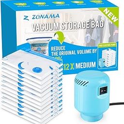 Z ZONAMA PA,PE Vacuum Storage Bags with Electric Air Pump,12 Pack Medium Size (28"x 18") Vacuum Sealed Space Save Bag for Clothes,Blanket,Duvets,Pillows,Comforters,Quilt,Travel,Moving,Multicolor-image-11