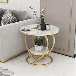 EDEUEQUE Decorative Accent Coffee Table Simple Modern Bedside Cabinet Round Table Wooden Top and Metal Frame Table Living Room Sofa Side Table. (White Top and Gold Frame)-image-22